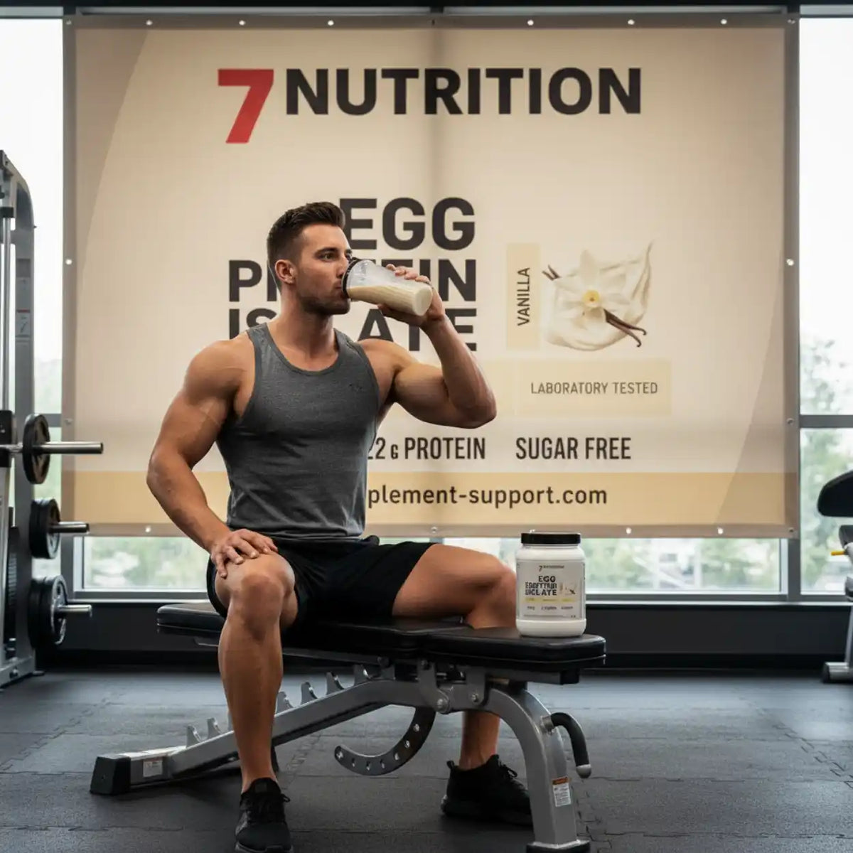Muskulöser Mann im Fitnessstudio trinkt Ei-Protein-Shake vor 7 Nutrition Banner.