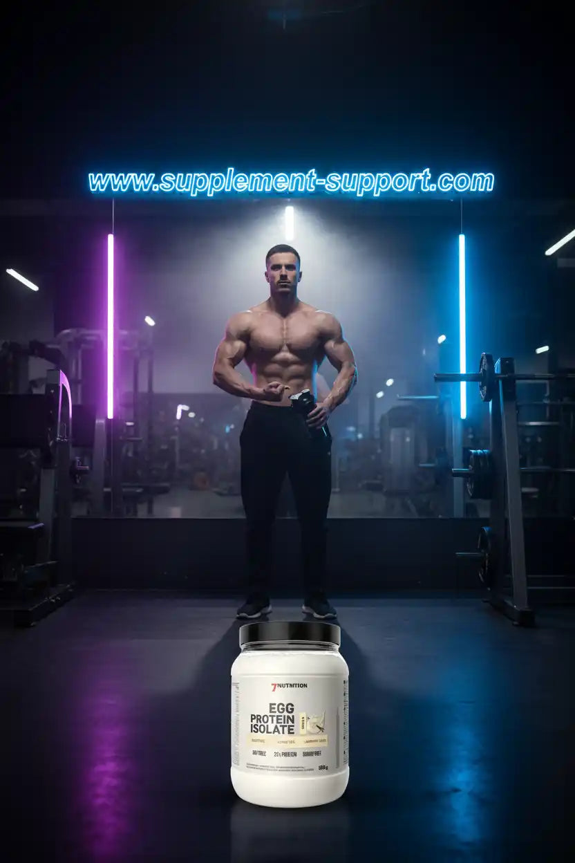 Eiweißpulver Egg Protein Isolate vor muskulösem Athleten im Fitnessstudio mit Neonbeleuchtung