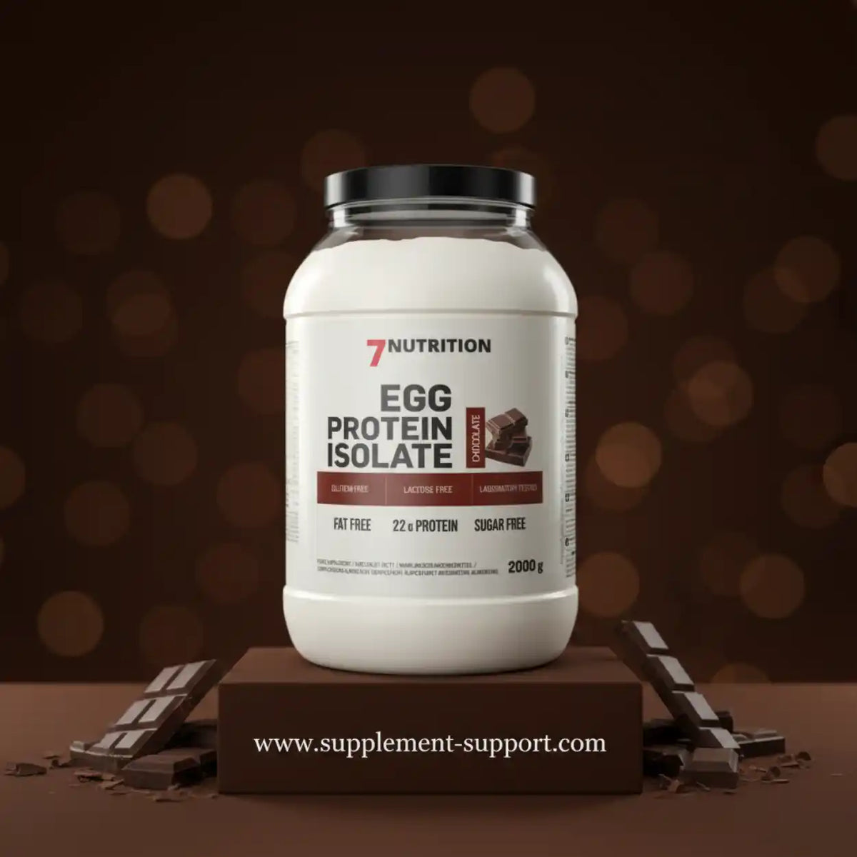 7Nutrition Egg Protein Isolate Schokolade, 2000g Proteinpulver Dose auf braunem Hintergrund