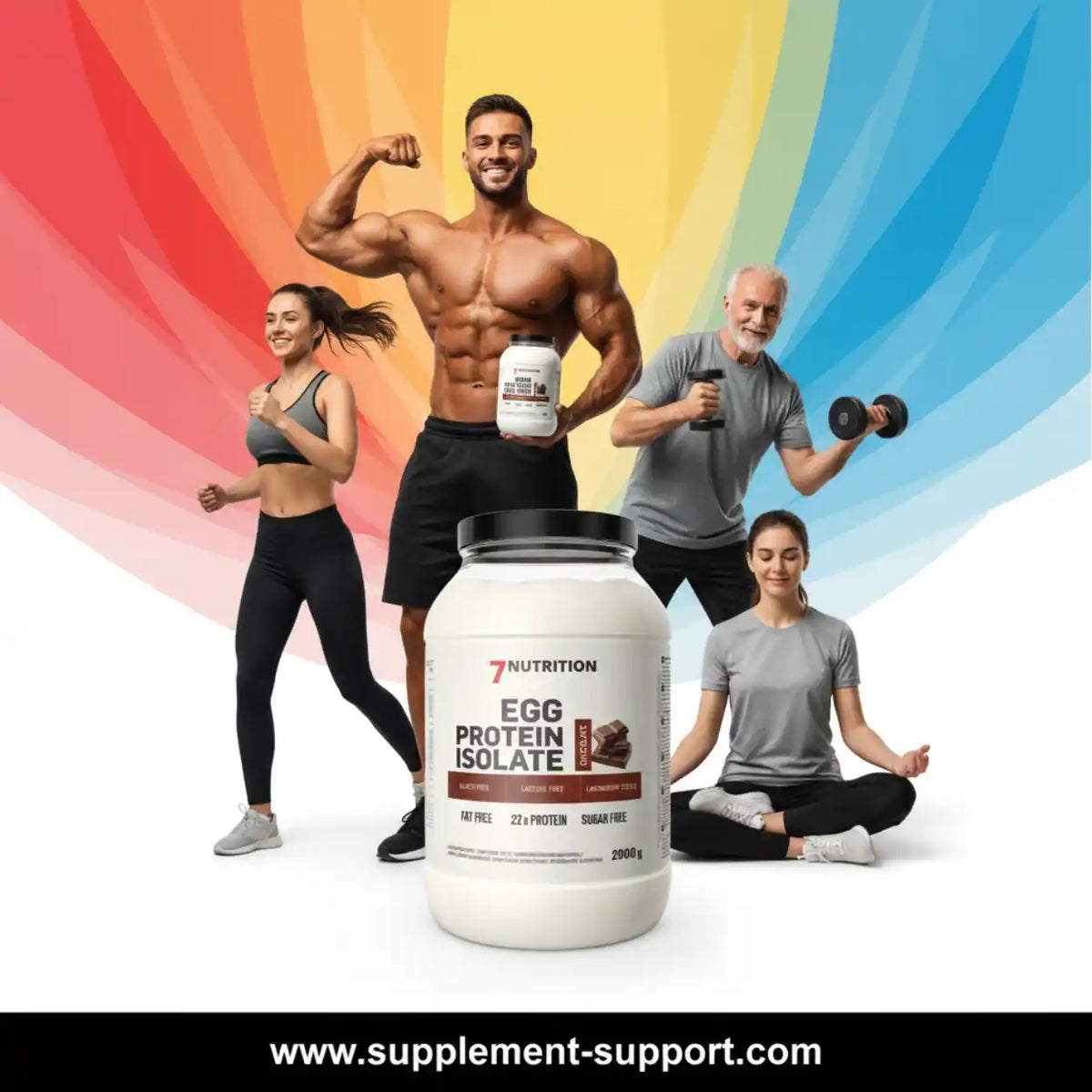 7Nutrition Eiweiß-Isolat Protein-Pulver mit Sportlern vor buntem Hintergrund