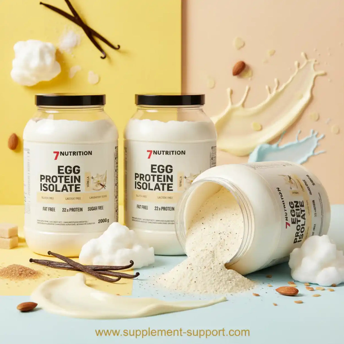 Zwei Tiegel 7Nutrition Egg Protein Isolate in Vanille-Geschmack mit Eiweißpulver und Vanillestangen