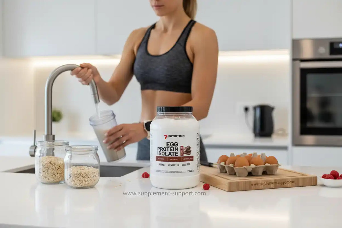 Eiweißpulver für Sportler, Protein Shake zubereiten mit Eiweißisolat und Haferflocken in moderner Küche