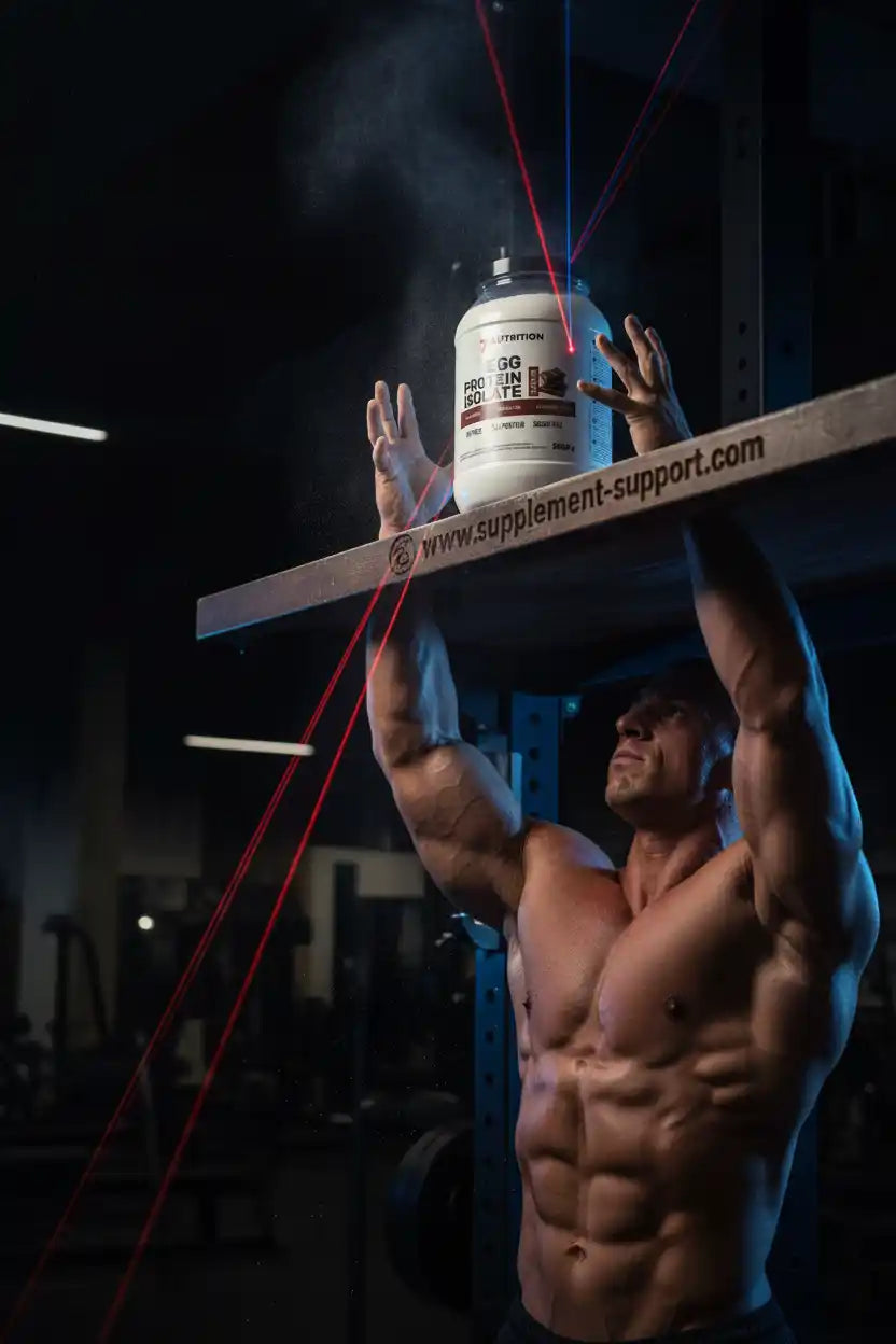 Muskulöser Athlet mit Eiweißpulver im Fitnessstudio, ideal für Sportler und Fitness-Enthusiasten.