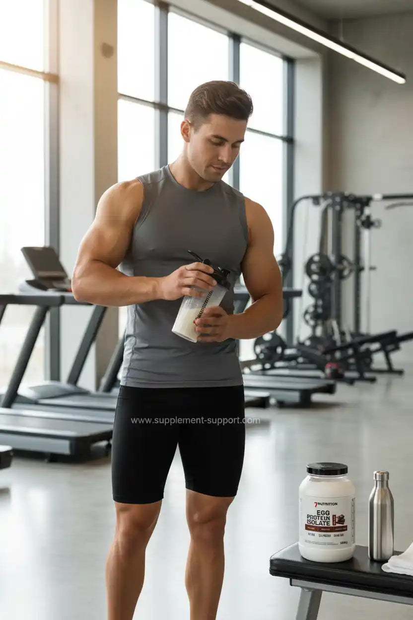 Muskulöser Mann im Fitnessstudio bereitet Eiweißshake mit Egg Protein Isolate vor – ideal für Sportler und Fitness