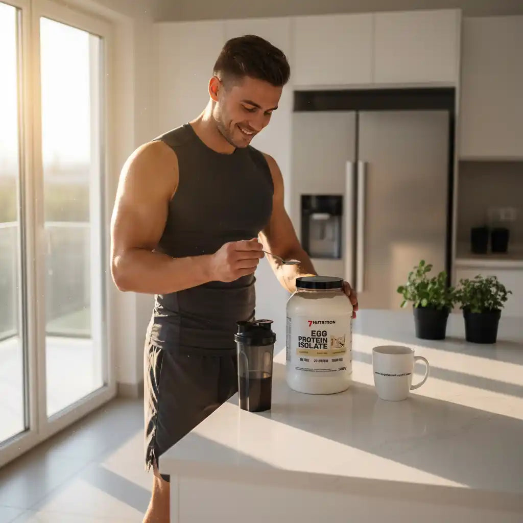 Muskulöser Mann bereitet Eiweißpulver in moderner Küche zu – ideal für Fitness und Sporternährung