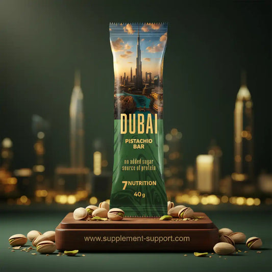 Dubai Pistachio Proteinriegel ohne Zucker auf Schokoladenblock mit Pistazienkerne