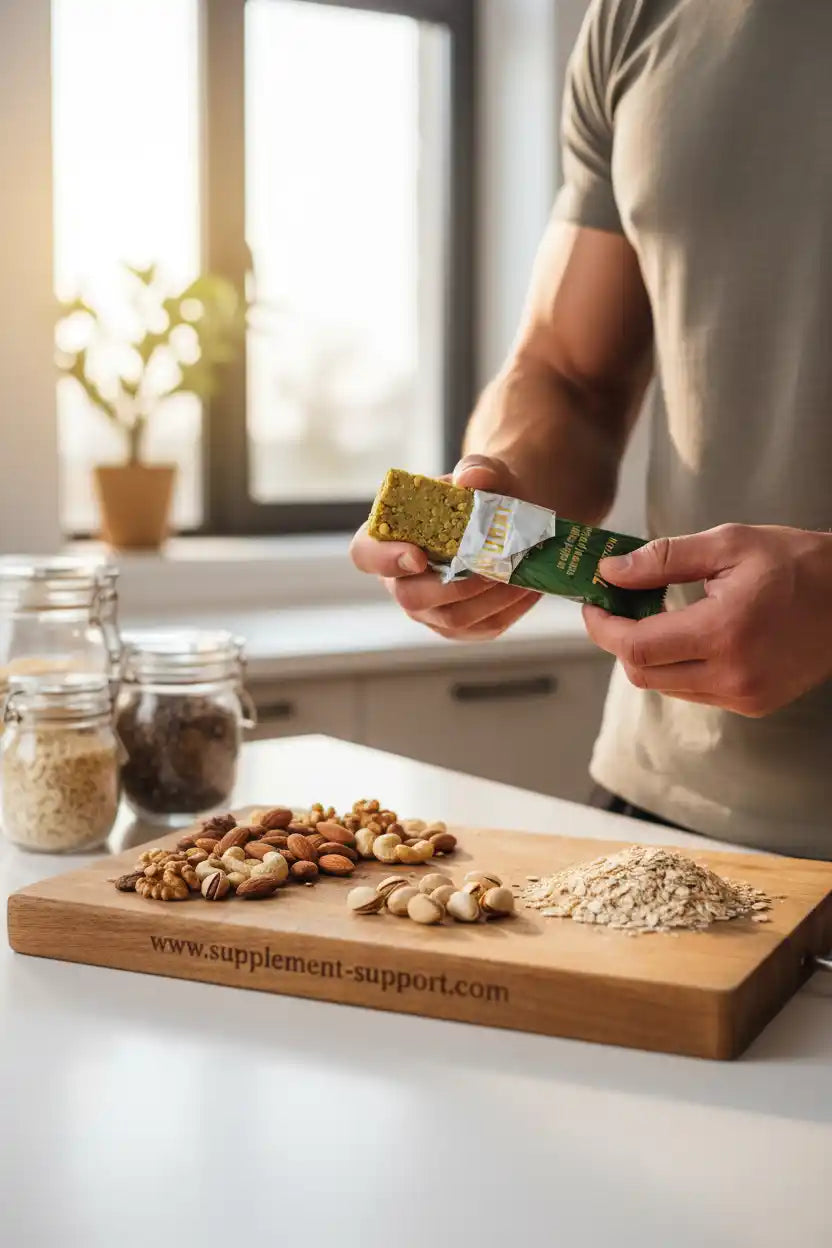 Muskulöser Mann hält Proteinriegel mit Nüssen und Haferflocken – ideal für Fitness & Sportnahrung