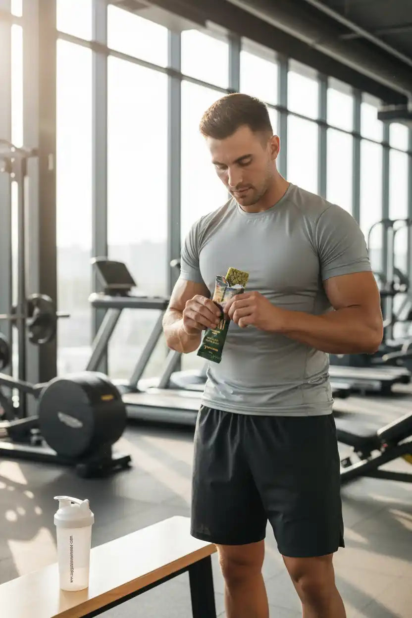 Muskulöser Mann im Fitnessstudio mit Proteinriegel und Shaker – Sportnahrung für Training & Muskelaufbau