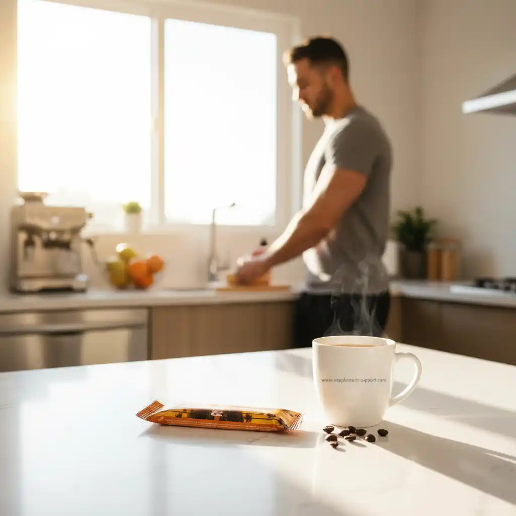 Morgendliche Energie mit Kaffee und Nahrungsergänzung im modernen Küchenambiente