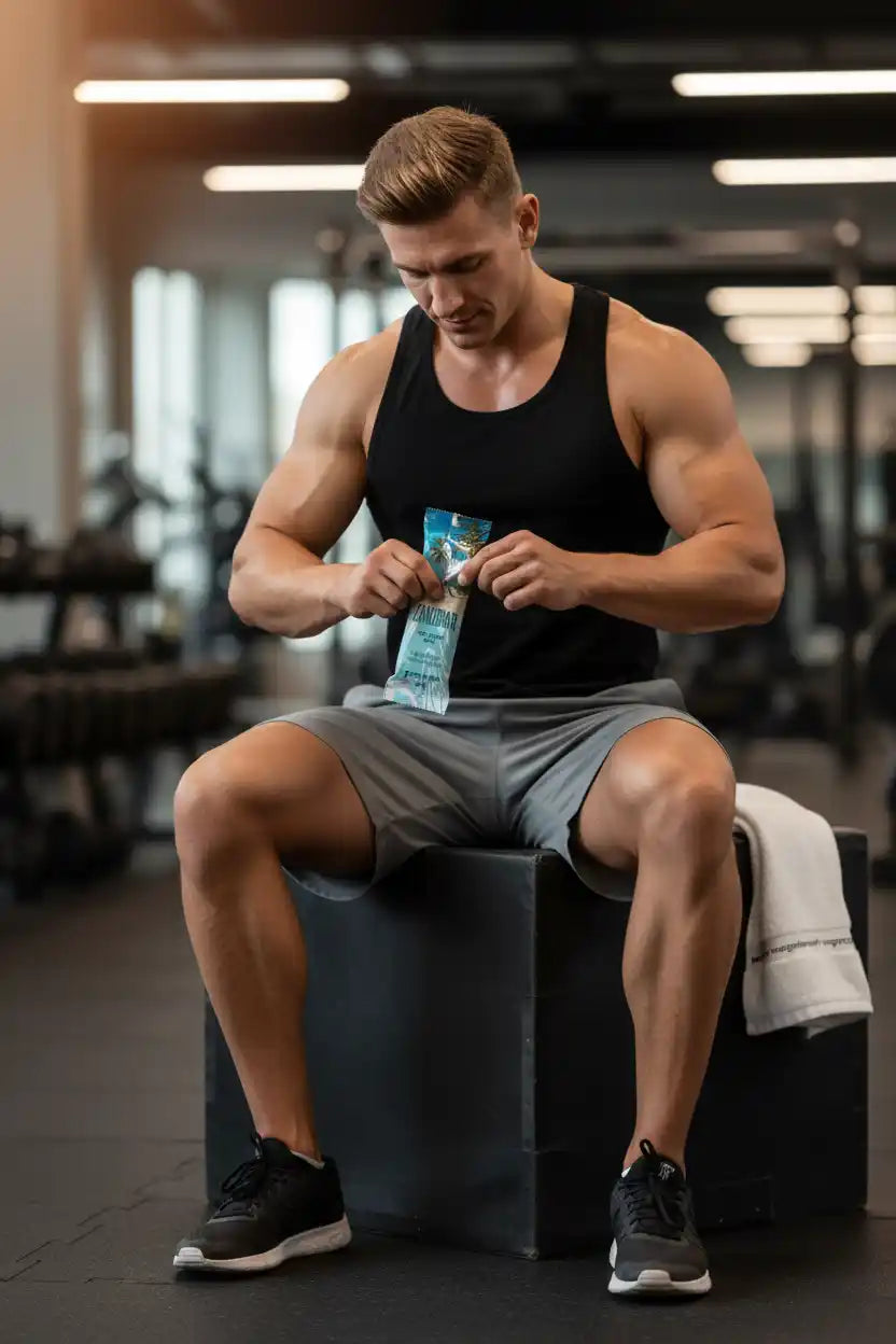 Muskulöser Mann im Fitnessstudio mit Nahrungsergänzung