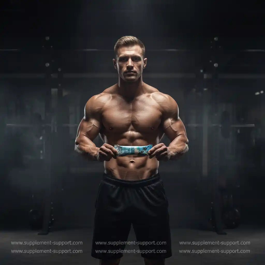 Muskulöser Mann mit Proteinriegel im Fitnessstudio, ideal für Sportler und Fitness-Enthusiasten
