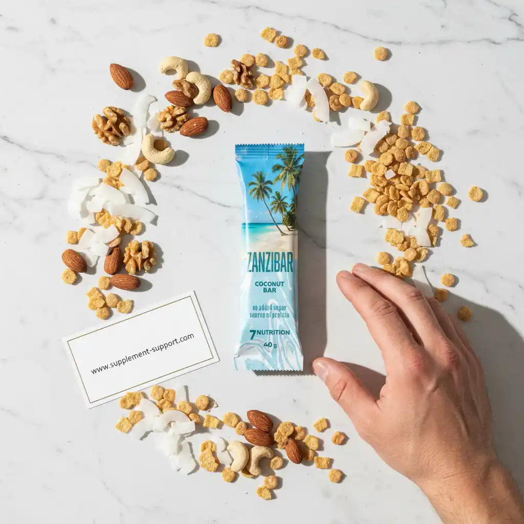 Zanzibar Coconut Bar mit Nüssen, Kokos und Getreide auf Marmor, ideal für Sportler und Fitness