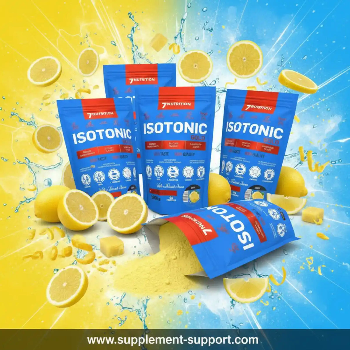 7Nutrition Isotonic Pulver in blauen Packungen mit frischen Zitronen und Wasser-Splashs