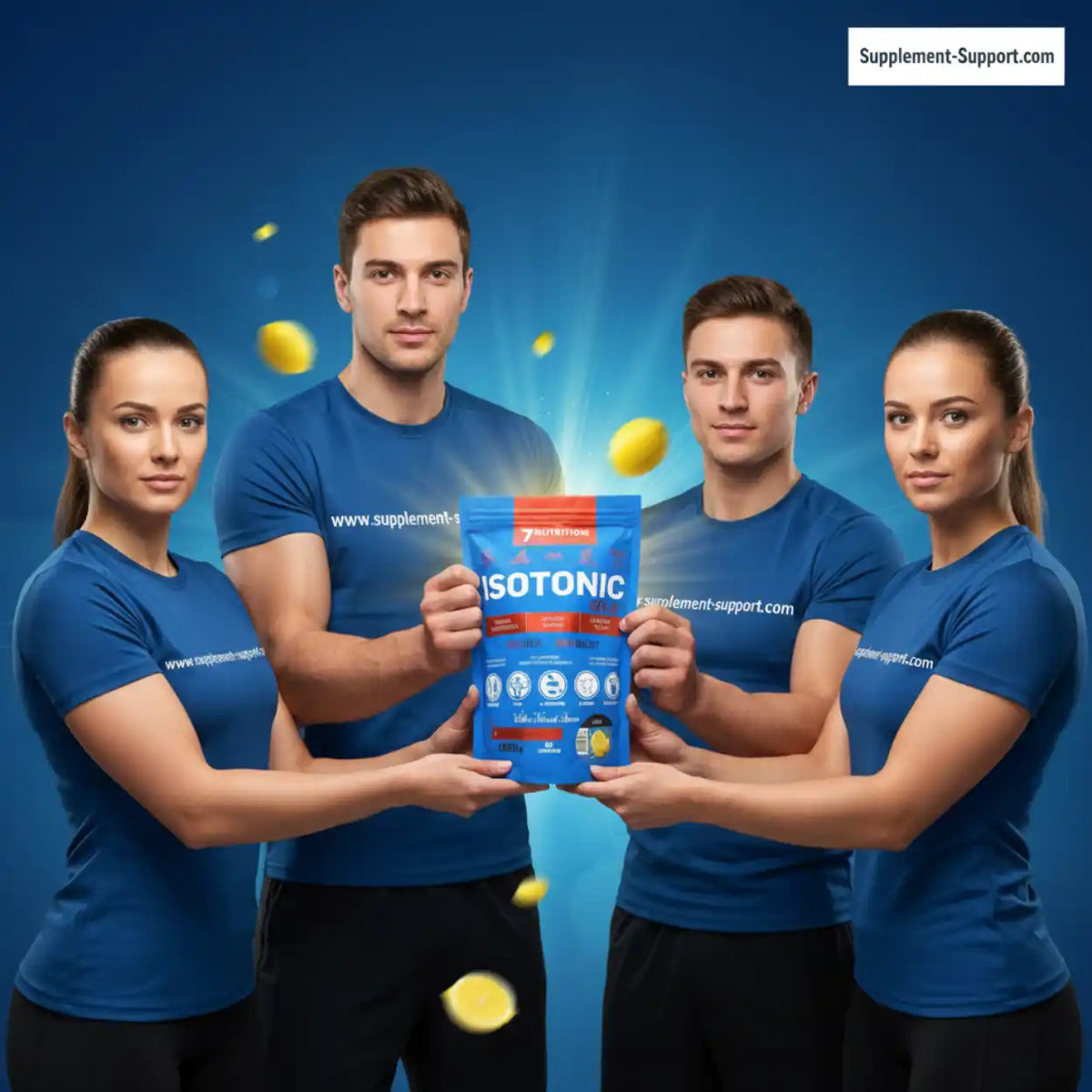 Vier Sportler halten gemeinsam eine Packung Isotonisches Getränkepulver in Blau.