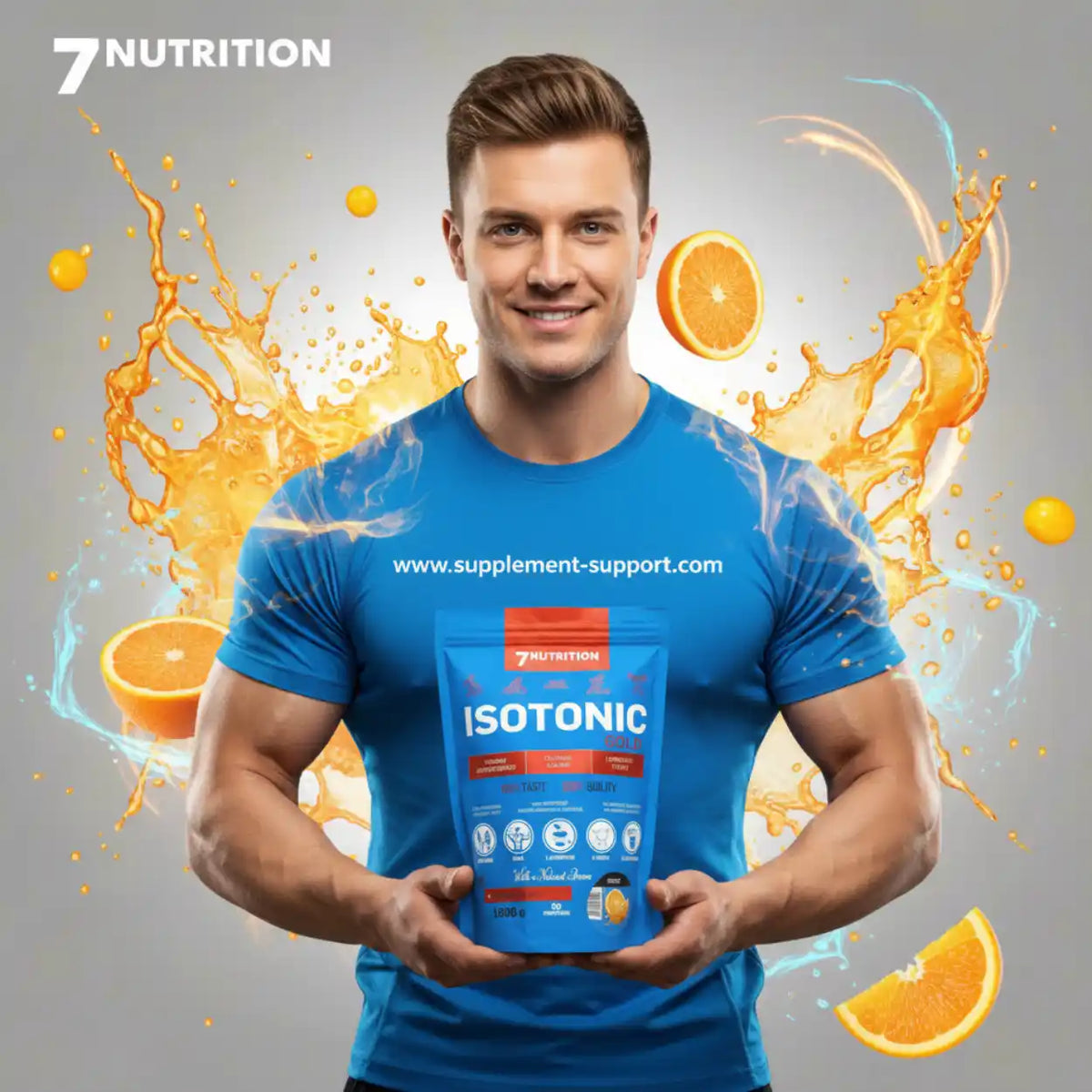 Muskulöser Mann in blauem T-Shirt hält eine Packung 7Nutrition Isotonic Sportgetränk-Pulver.