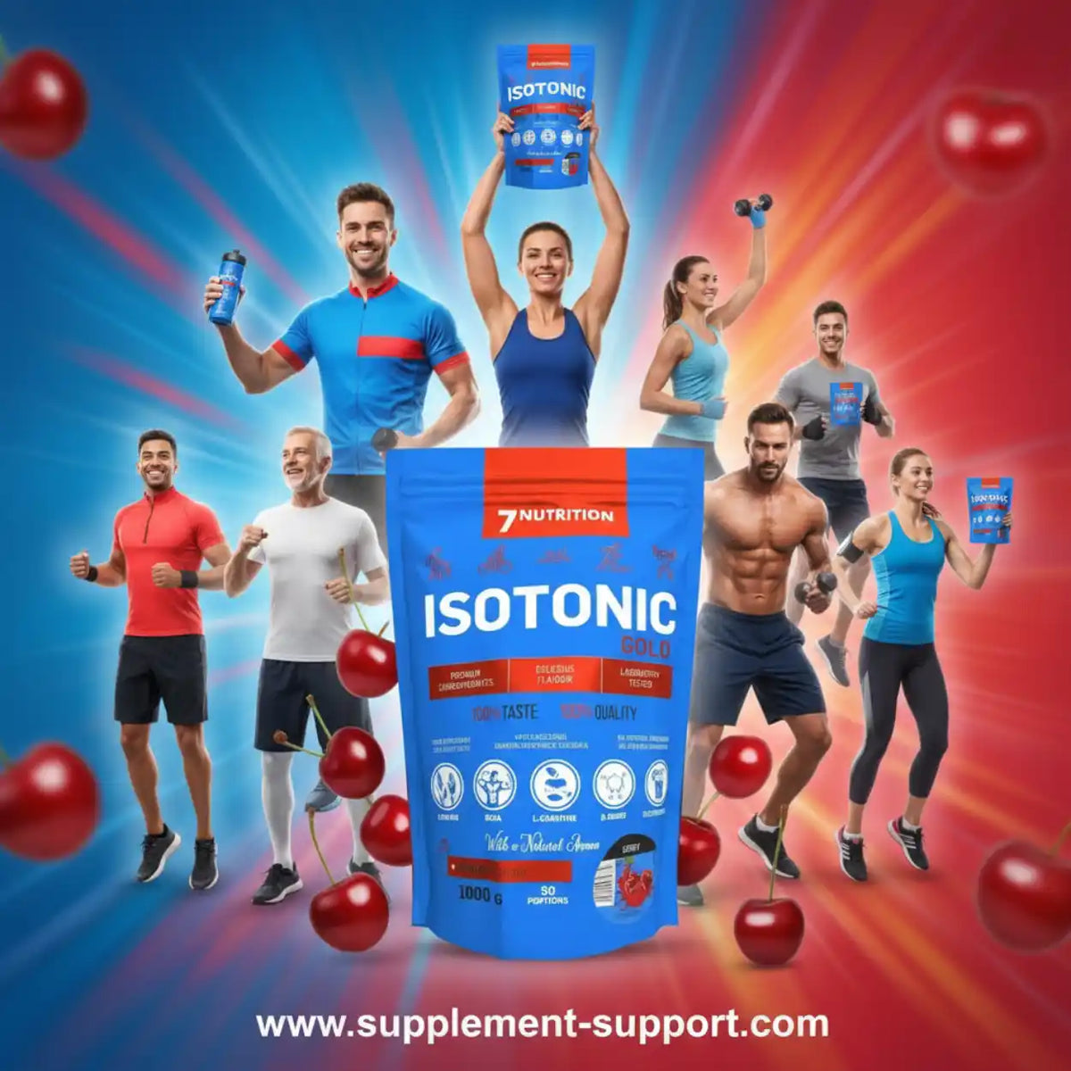 7Nutrition Isotonic Gold Sportgetränk-Pulver mit Sportlern und Kirschen auf dynamischem Hintergrund