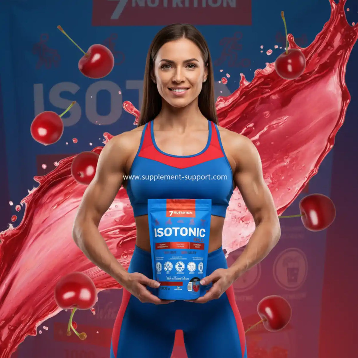 Muskulöse Sportlerin hält eine Packung Isotonisches Getränk mit Kirschgeschmack.