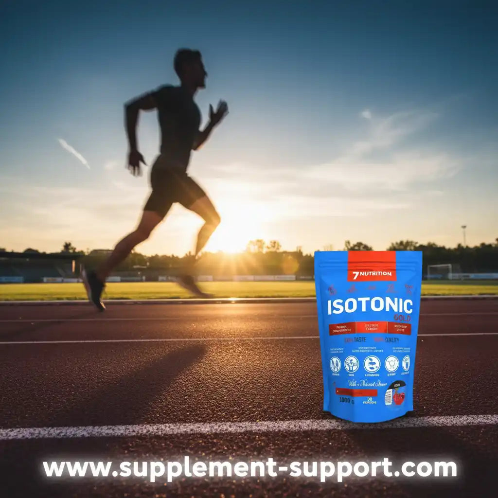 Isotonisches Sportgetränk Gold für Läufer auf Laufbahn bei Sonnenuntergang, Nahrungsergänzung für Fitness & Sport