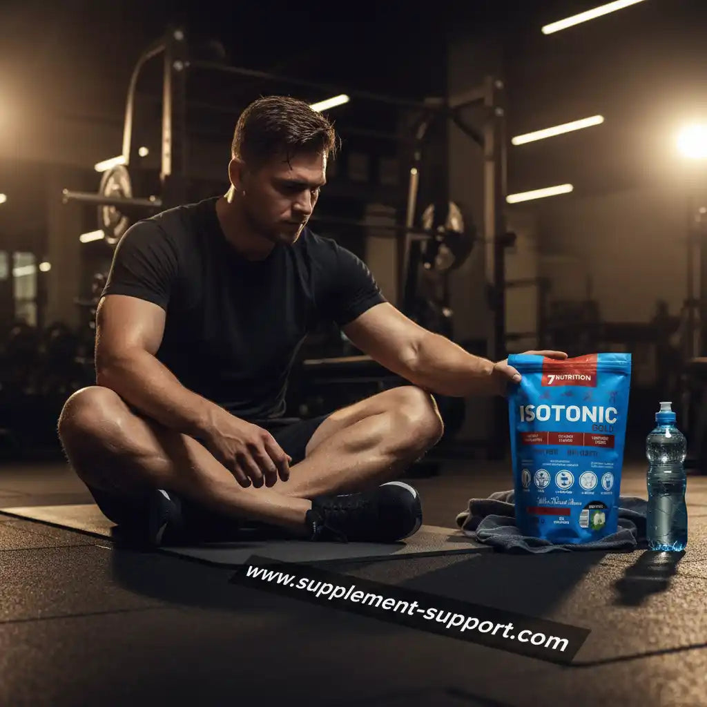 Muskulöser Mann im Fitnessstudio mit Isotonik-Sportgetränkepulver und Wasserflasche