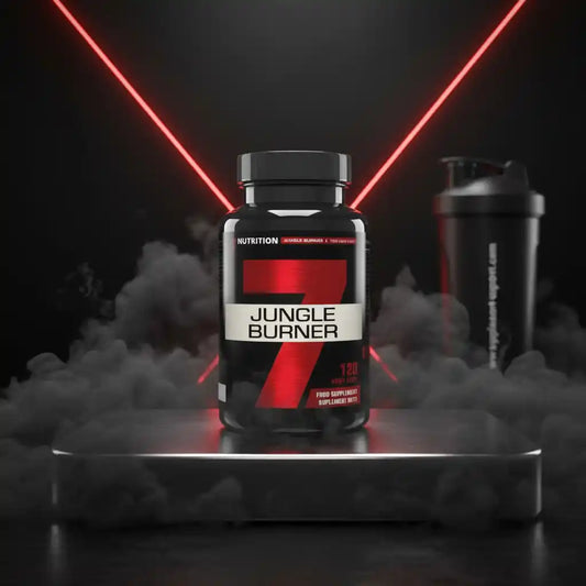 Jungle Burner Nahrungsergänzung für Fitness und Sport mit rotem Design und Shaker im Hintergrund