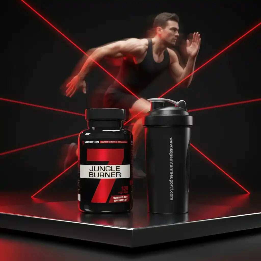 Jungle Burner Nahrungsergänzungsmittel für Sportler mit Shaker vor rotem Laserhintergrund