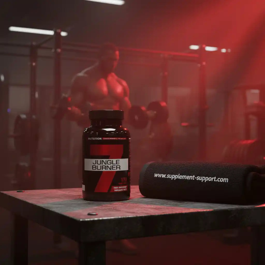 Jungle Burner Fatburner für Fitness & Muskelaufbau im Gym mit Athlet im Hintergrund