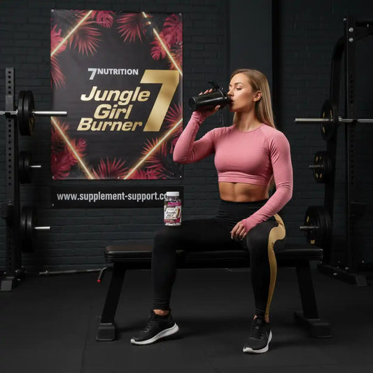 Frau in Sportbekleidung trinkt aus einem Shaker vor einem Jungle Girl Burner Banner im Fitnessstudio
