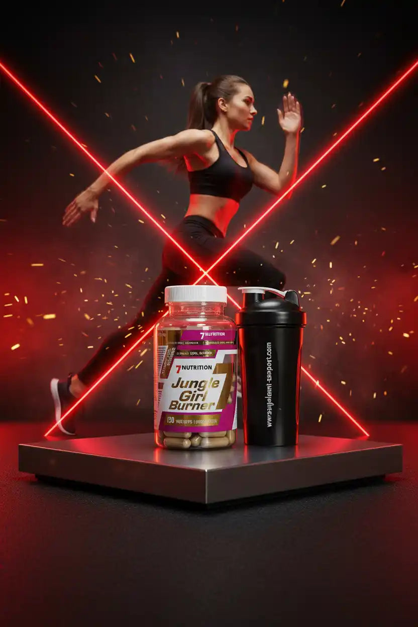 7 Nutrition Jungle Girl Burner Kapseln mit Shaker vor rotem Laserhintergrund, Sportlerin im Training