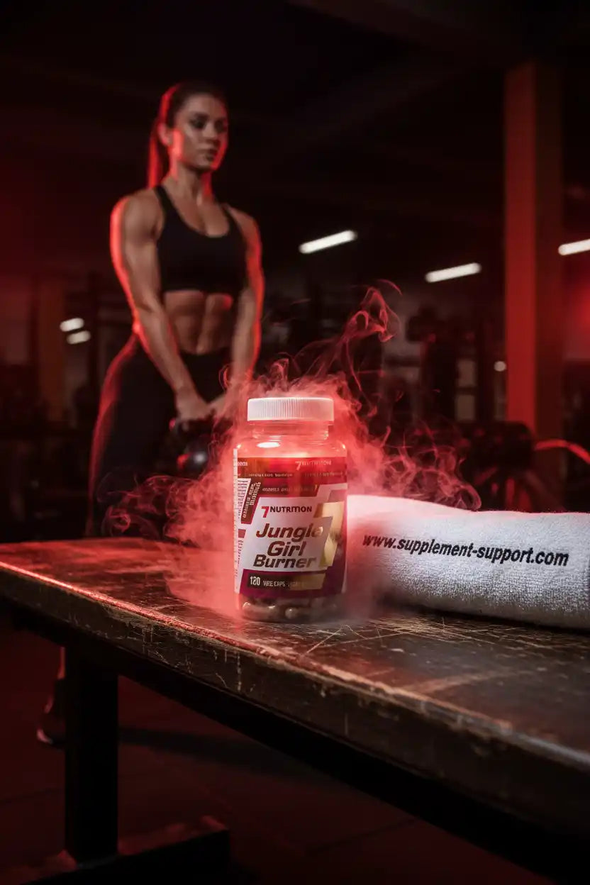 Jungle Girl Burner Fatburner Kapseln vor Fitnessstudio mit Athletin, ideal für Sportler & Fitness