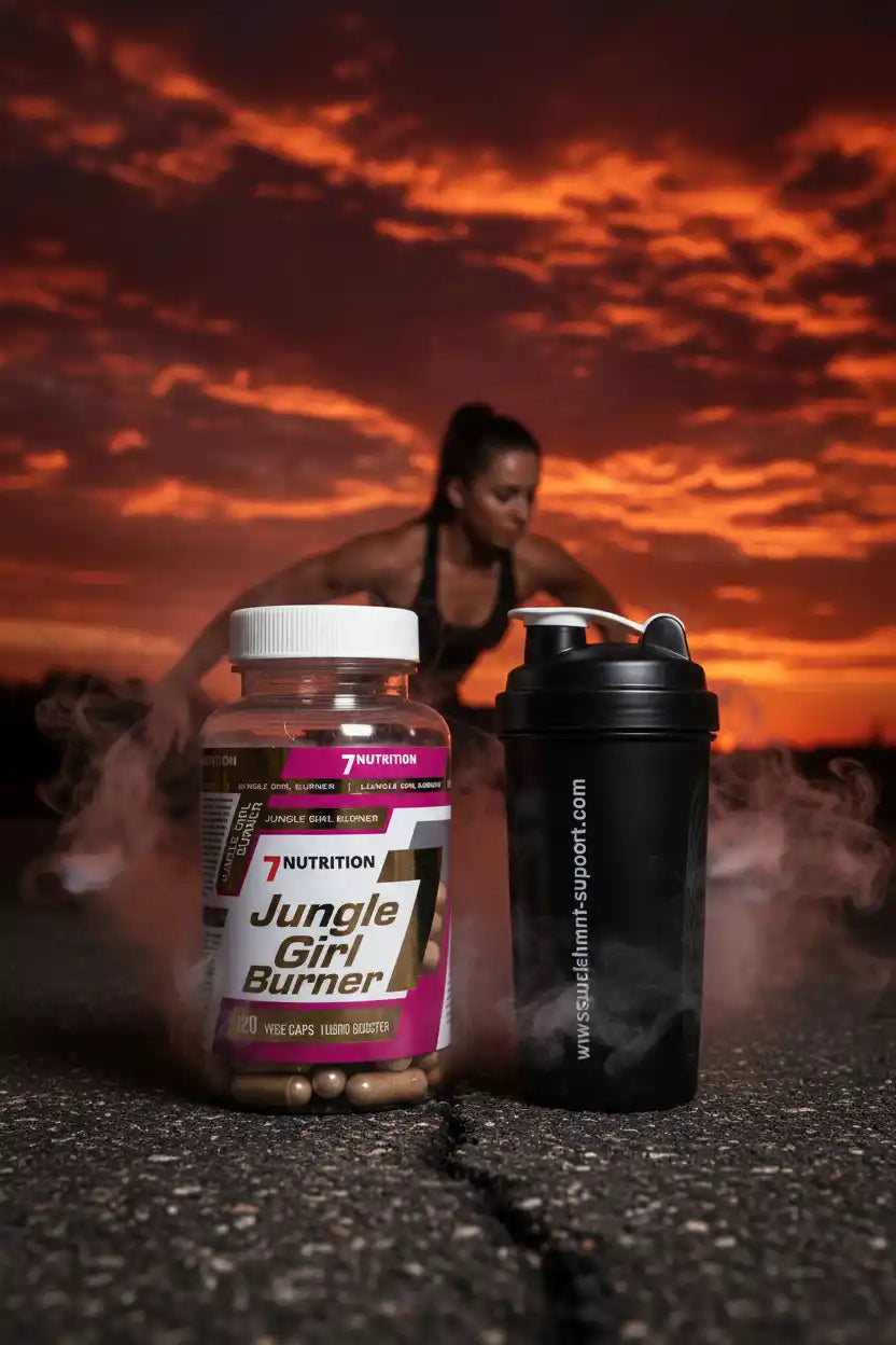 7 Nutrition Jungle Girl Burner Kapseln & Shaker vor Sonnenuntergang mit Sportlerin im Hintergrund