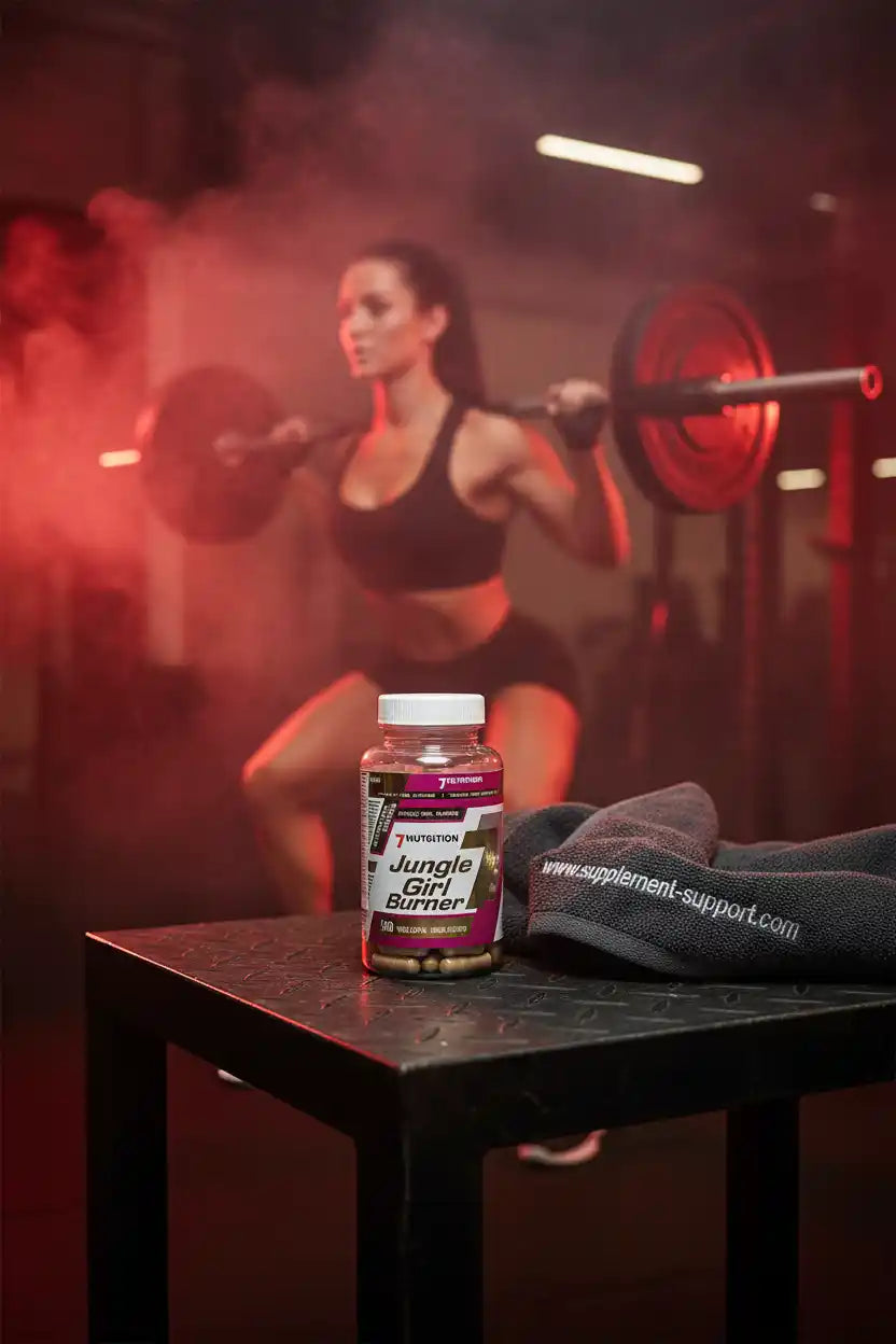 Jungle Girl Burner Fatburner vor Fitnessstudio mit trainierender Frau und Hantel
