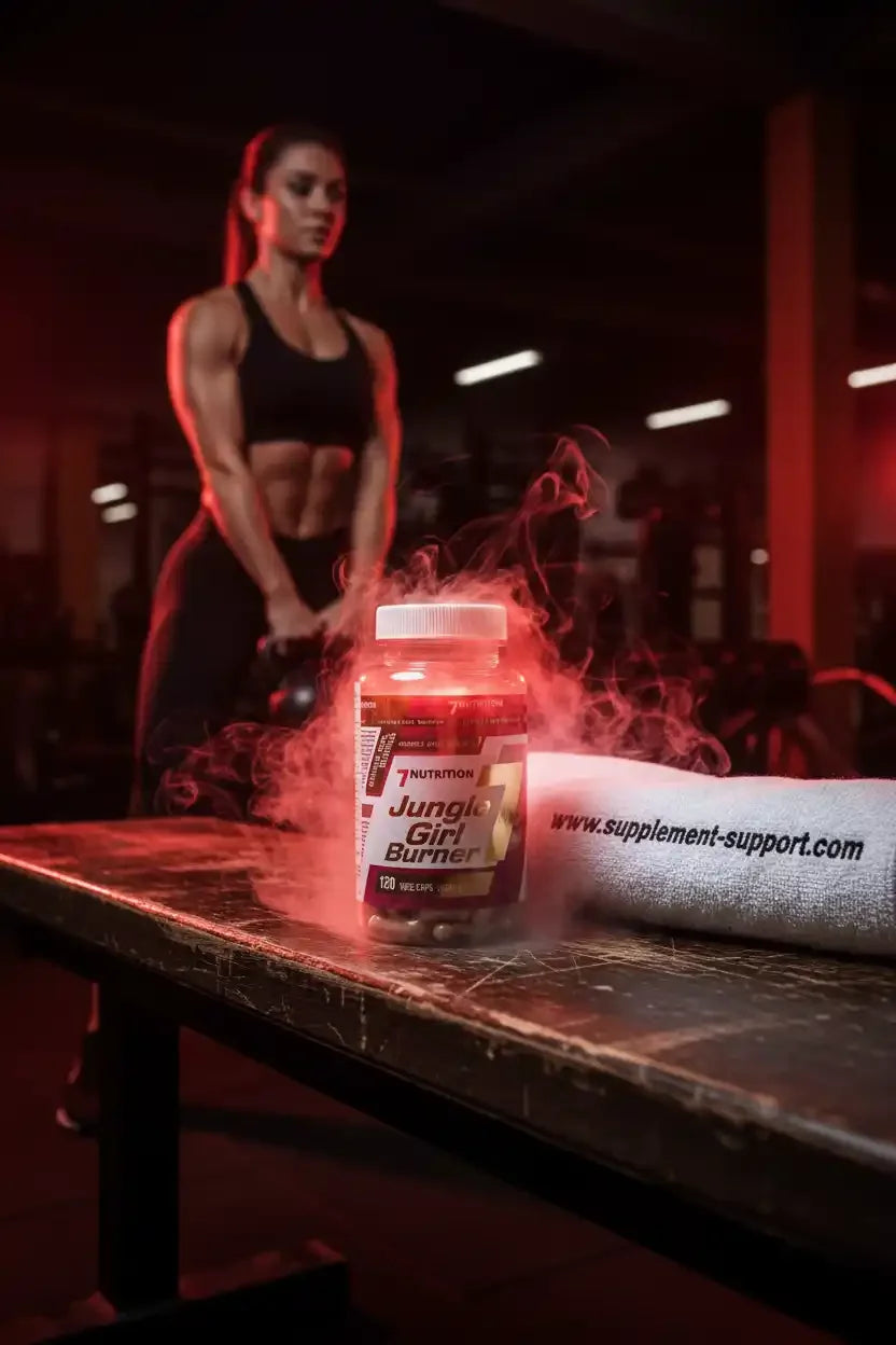 Jungle Girl Burner Fatburner Kapseln vor Fitnessstudio mit Athletin, ideal für Sportler & Fitness