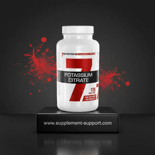 Weiße Dose Potassium Citrate Nahrungsergänzungsmittel von 7Nutrition auf schwarzem Sockel