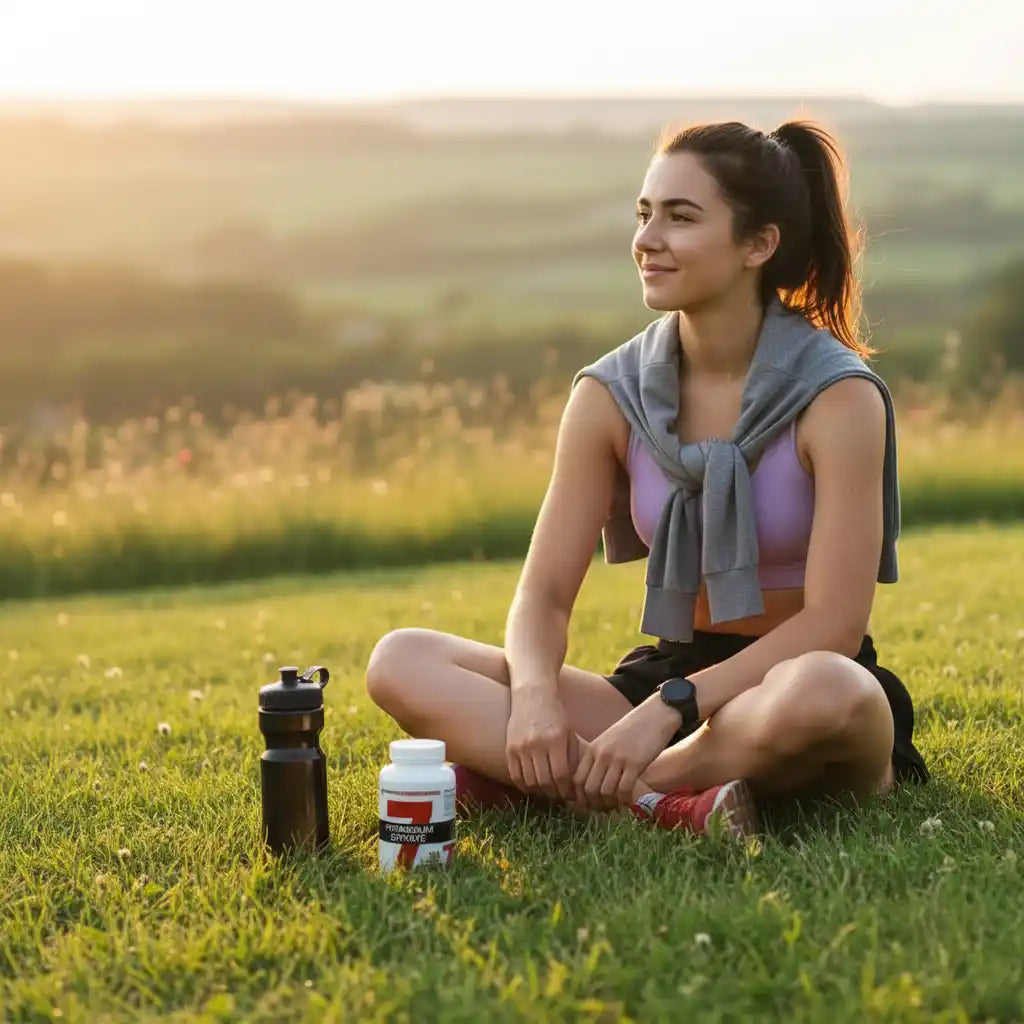 Frau mit Sportnahrung und Trinkflasche im Gras, Fitness & Erholung nach Training
