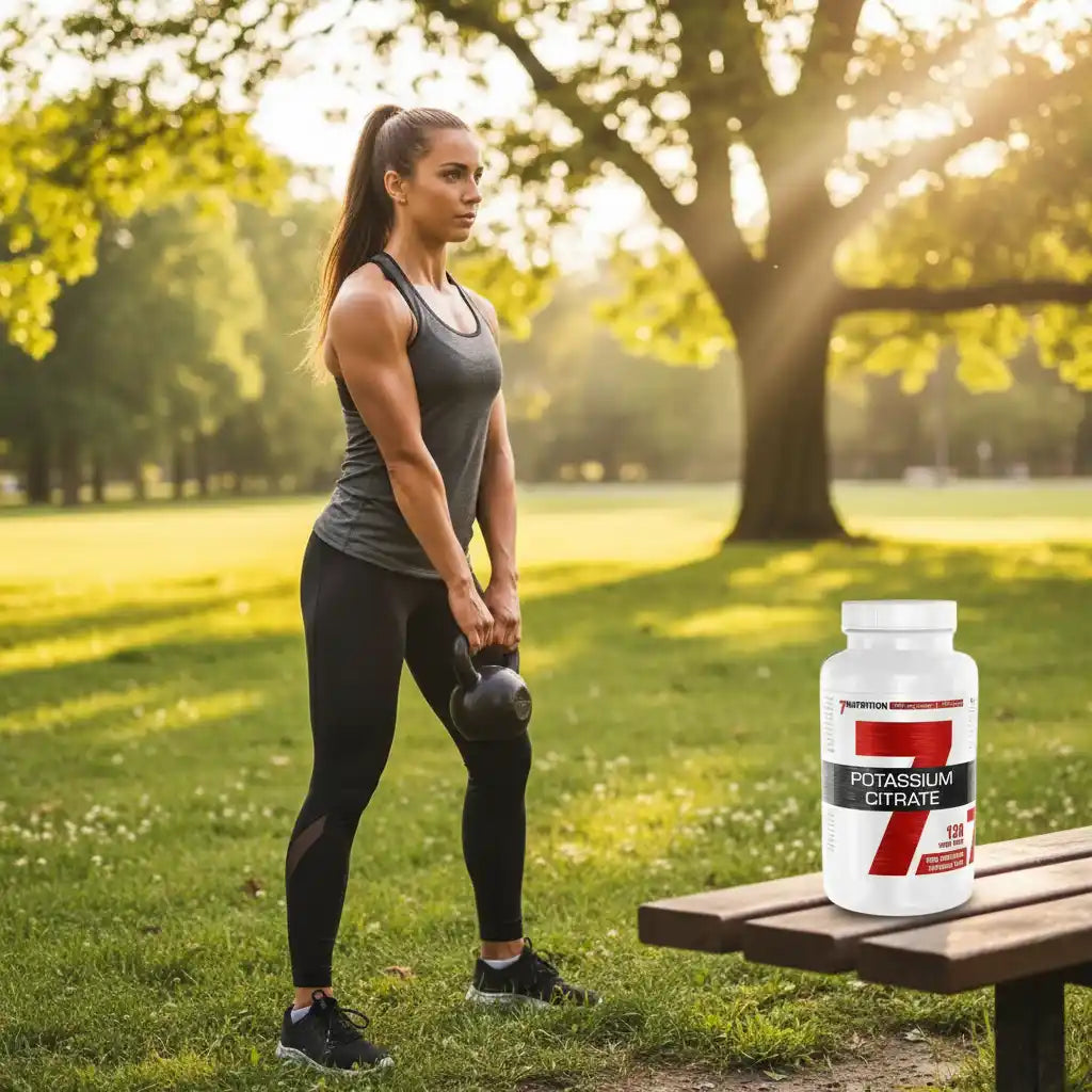 Frau mit Kettlebell im Park neben Potassium Citrate Supplement für Sportler