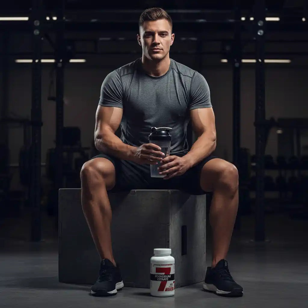 Muskulöser Mann im Fitnessstudio mit Shaker und Nahrungsergänzungsmittel für Sportler