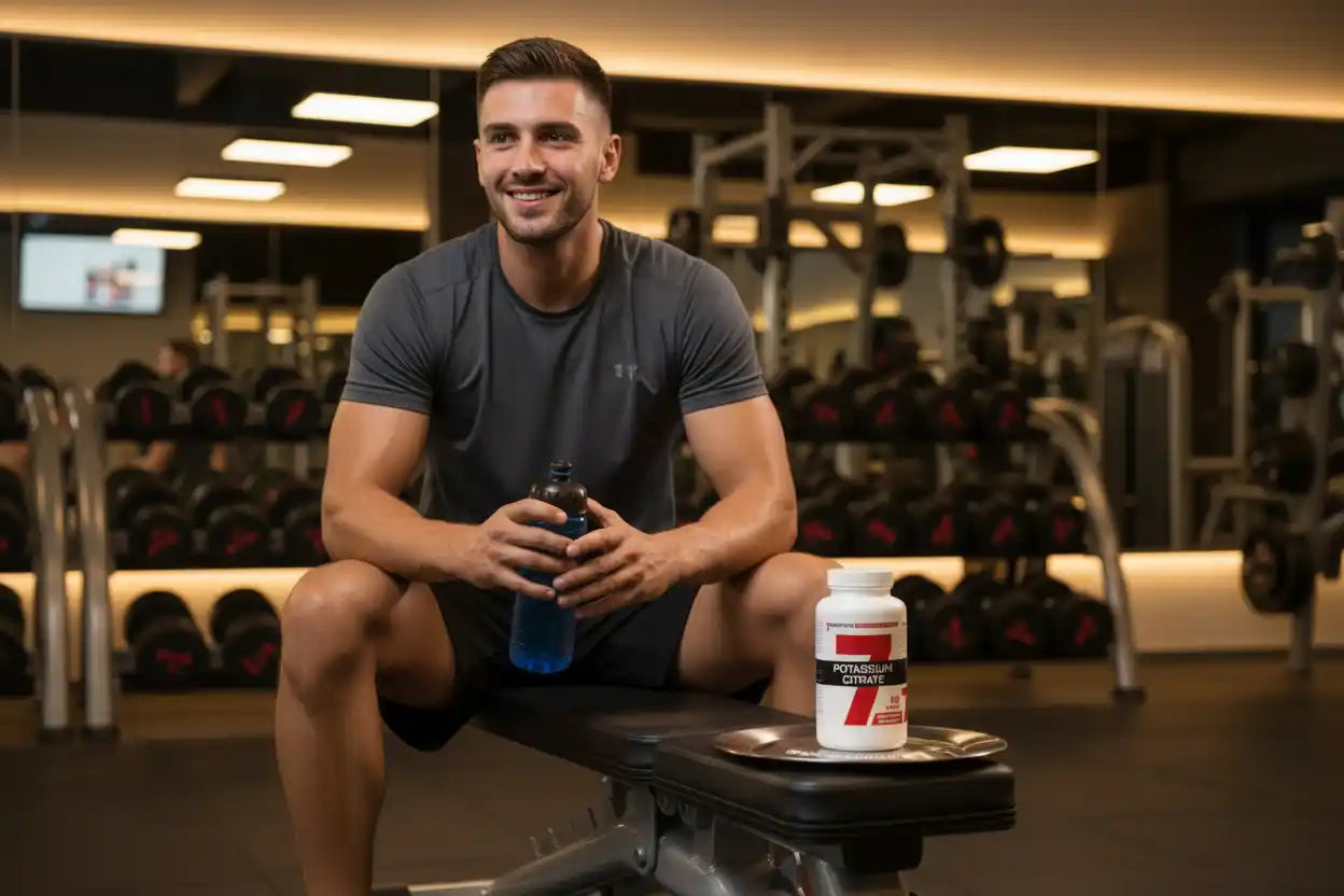 Muskulöser Mann im Fitnessstudio mit Wasserflasche und Kaliumzitrat-Nahrungsergänzung