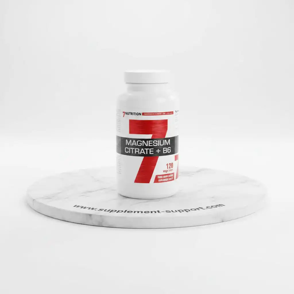 Magnesium Citrat + B6 Veggie Kapseln von 7NUTRITION auf Marmor-Platte, ideal für Sportler und Fitness