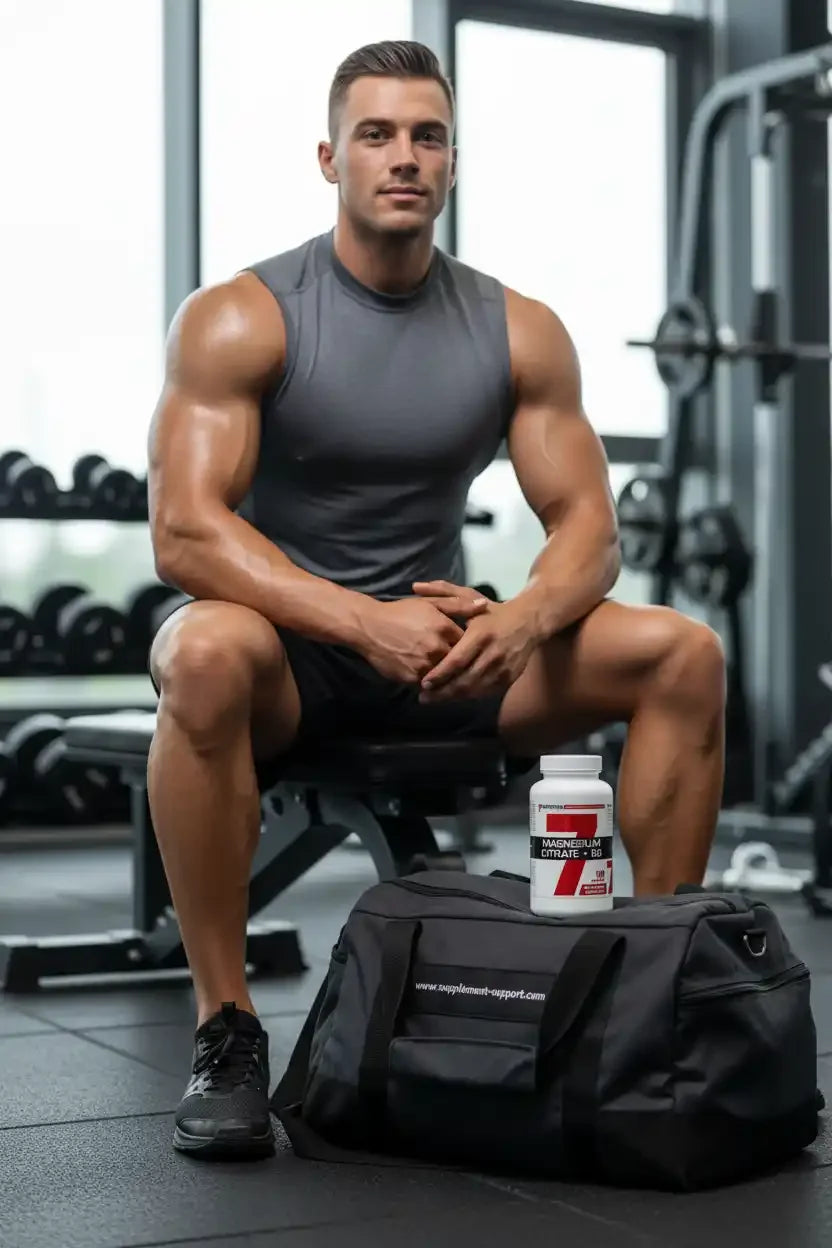 Muskulöser Mann im Fitnessstudio mit Magnesium Citrat Supplement und Sporttasche