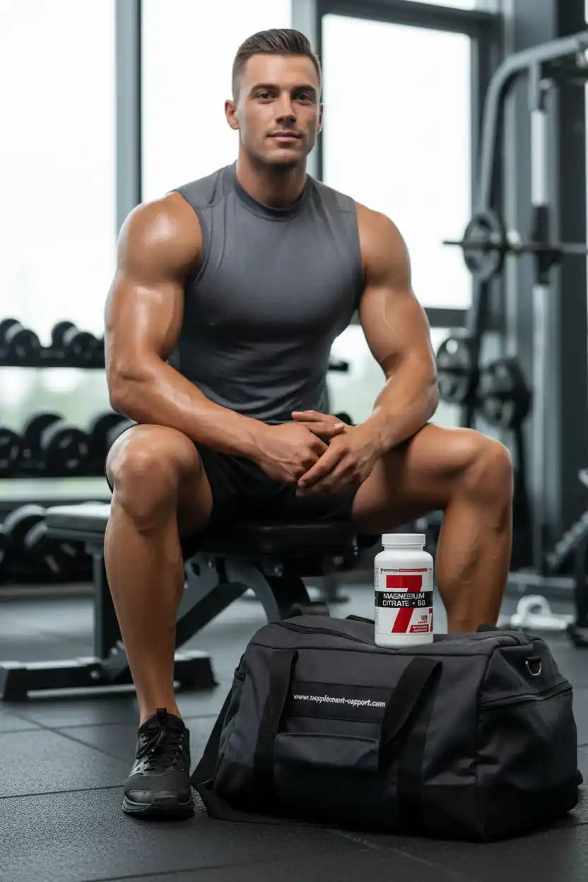 Muskulöser Mann im Fitnessstudio mit Magnesium Citrat Supplement und Sporttasche