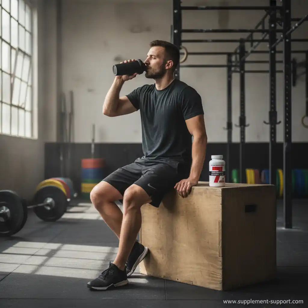 Athlet trinkt aus Shaker im Fitnessstudio neben Nahrungsergänzungsmittel-Flasche
