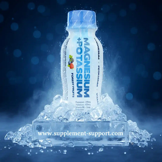 Magnesium + Kalium Getränk mit Waldbeeren-Geschmack, kalt serviert auf Eis für Sportler und Fitness