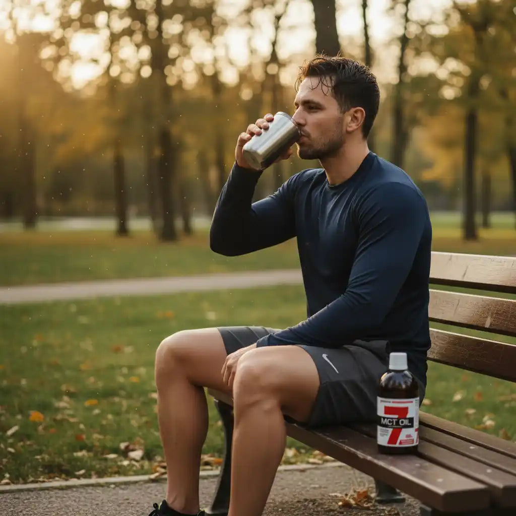 Athlet trinkt MCT Öl nach Training im Park, ideal für Fitness und Sportnahrung