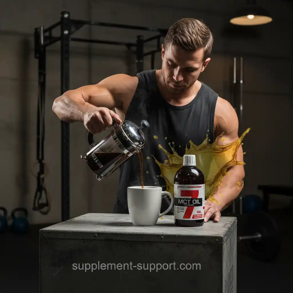 Muskulöser Mann gießt Kaffee in Tasse neben MCT Öl Flasche im Fitnessstudio