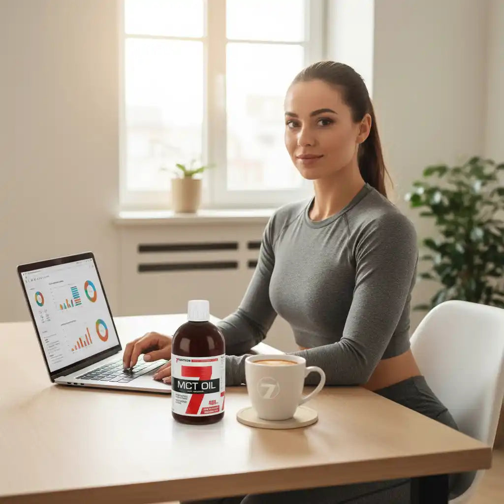 Frau mit MCT Öl und Laptop, ideal für Sportler und Fitness-Enthusiasten