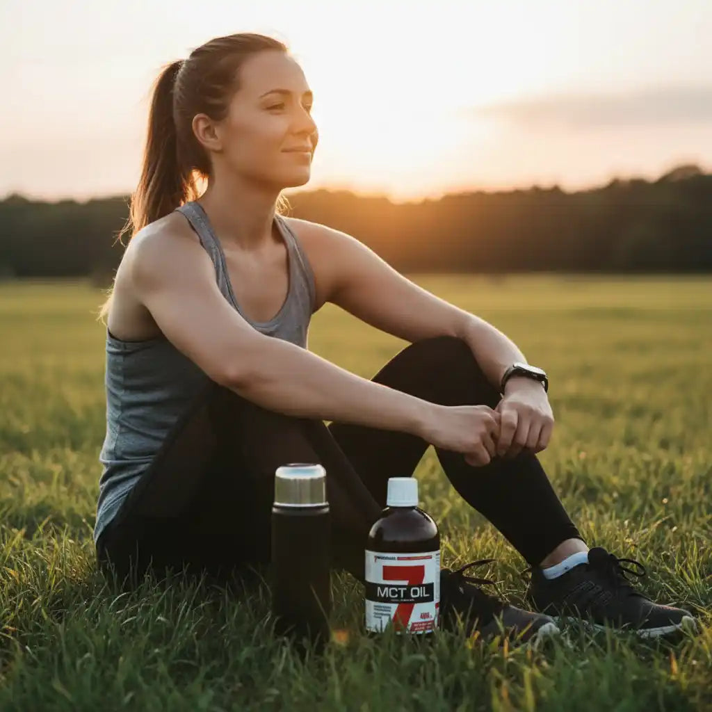 Frau mit MCT Öl und Trinkflasche im Gras nach Training bei Sonnenuntergang