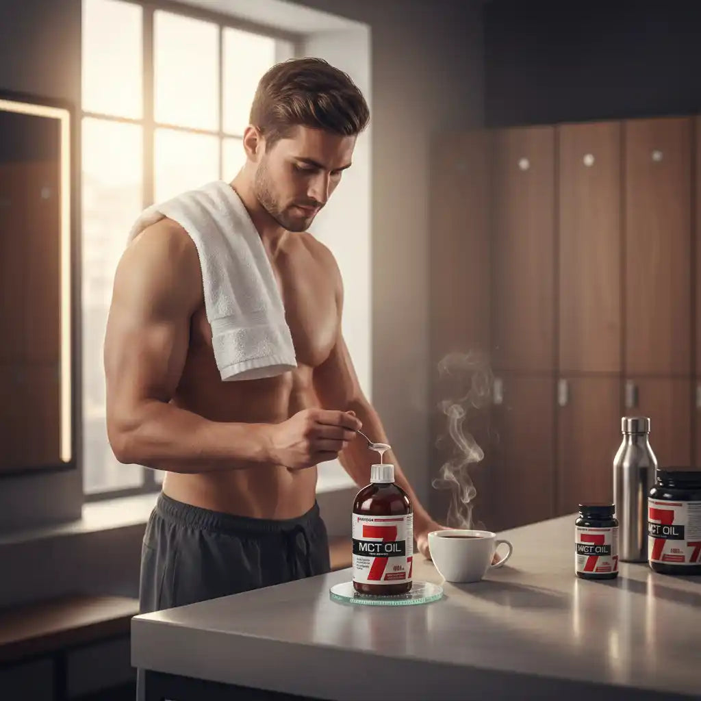 Muskulöser Mann mit Handtuch fügt MCT Öl zu dampfendem Kaffee hinzu – ideal für Fitness & Sportnahrung