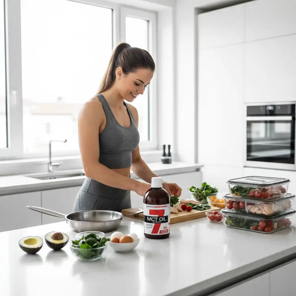Frau in Sportkleidung bereitet gesunde Mahlzeit mit MCT Öl, Avocado und Eiern in moderner Küche vor