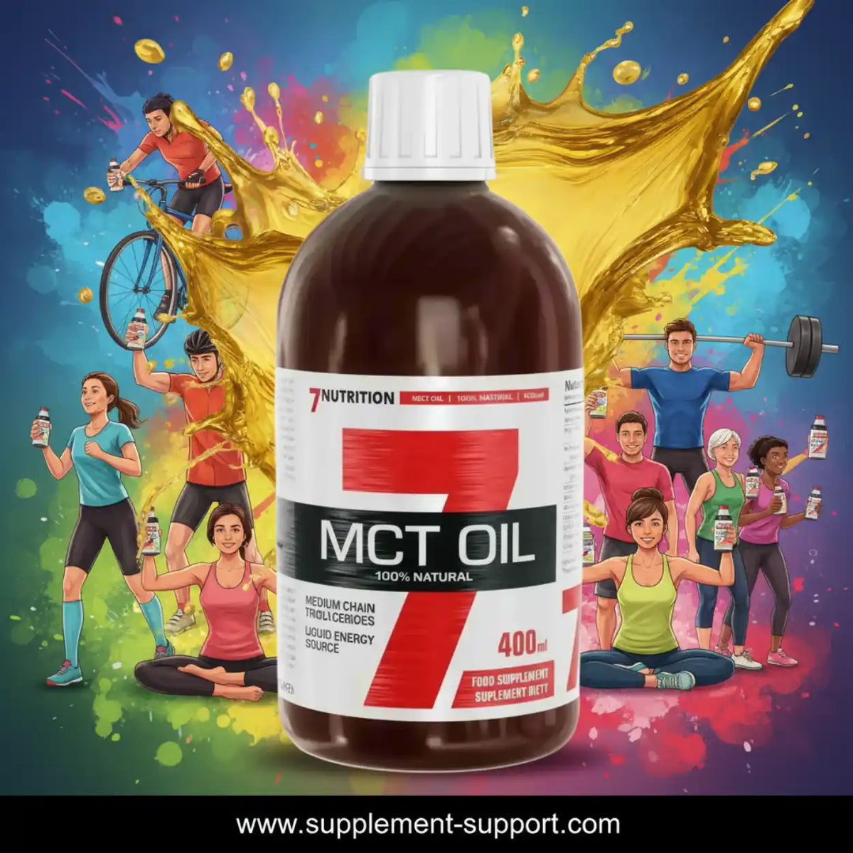 7Nutrition MCT Öl 400ml Flasche mit Sportlern im Hintergrund