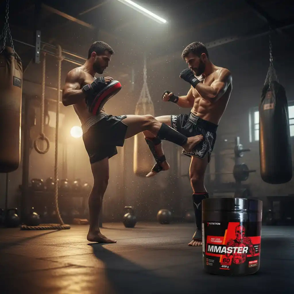 MMA-Training mit MMaster Sportnahrung im Fitnessstudio, ideal für Kampfsportler und Athleten